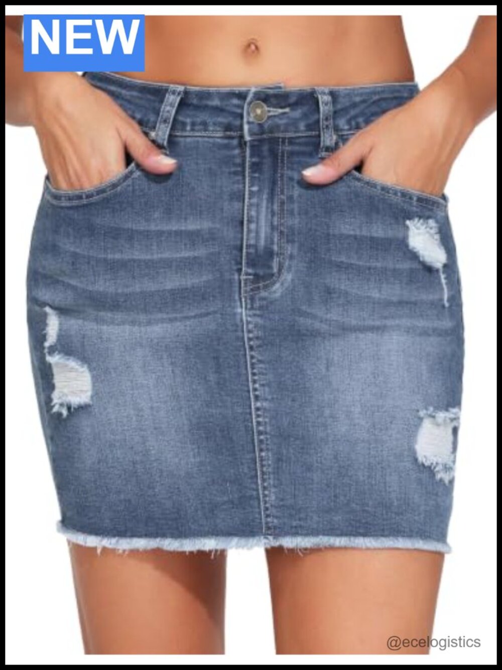 Ripped Denim Mini Skirt Stretch Jean with Pockets High Rise